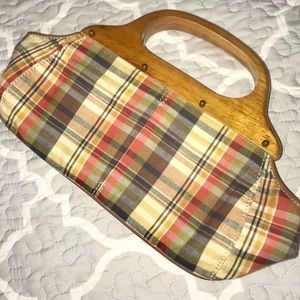 J Crew St Barth Bermuda Bag plaid wood handles